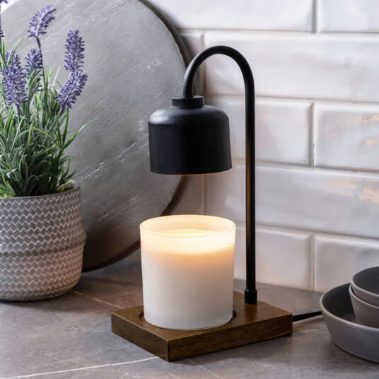 black and wood candle warmer lamp